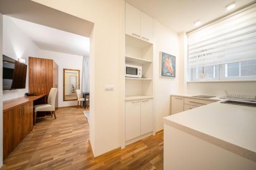 a kitchen with white cabinets and a counter top at Vila EVA in Luhačovice