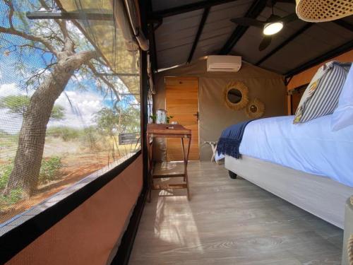 ein Schlafzimmer mit einem Bett und einem großen Fenster in der Unterkunft Kameeldoring Glamping Namibia 
