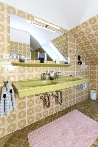 a bathroom with a green sink and a mirror at Ferienwohnung Rotbuche in Westerholt