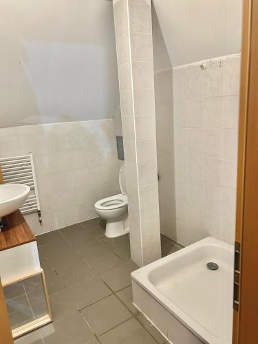uma casa de banho branca com um WC e um lavatório em Acogedor apartamento em Dudelange