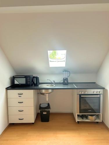 um balcão de cozinha com um lavatório e um micro-ondas em Acogedor apartamento em Dudelange