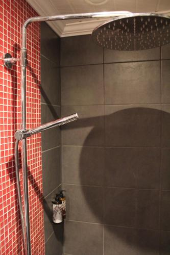 a bathroom with a shower with red tiles at Olarsgården Hotell in Lindvallen