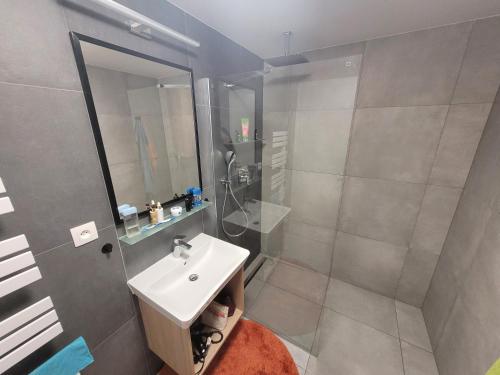 a bathroom with a sink and a shower at Apartmán BOHEMIKA Deluxe in Vrchlabí