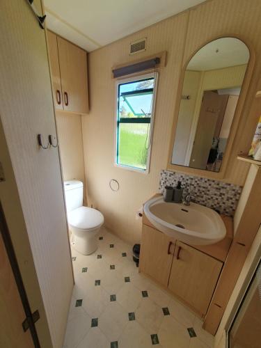 Baño pequeño con lavabo y aseo en Camping du Lac MH Azur, en Égletons