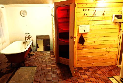 a bathroom with a tub and a wooden wall at Holiday house Vedle in Desná