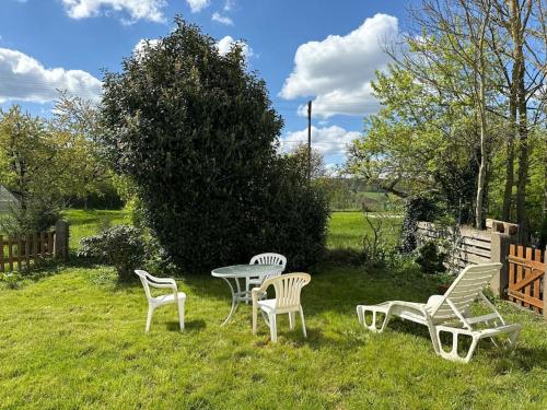 a group of chairs and a table in the grass at Schöne Wohnung mit Erker in Gieleroth