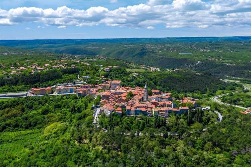 an aerial view of a town in the middle of a forest at Villa TonKa with jacuzzi sauna and private pool in Labin