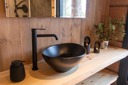 a bathroom with a black bowl sink on a counter at Jutulhytta 