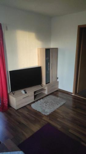 ein Wohnzimmer mit einem Flachbild-TV an der Wand in der Unterkunft Kleine gemütliche Wohnung in Zwickau