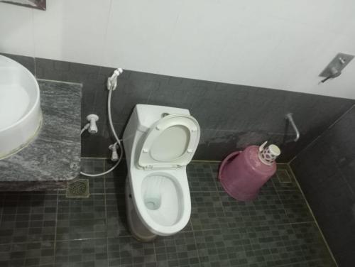 a bathroom with a white toilet and a sink at Blue Stones Service Apartment in Coimbatore