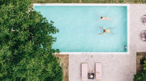two people swimming in a pool of water at Héthatár Wellness Vendégház - Fecskefészek in Pusztavacs