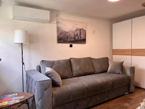 ein Wohnzimmer mit einem braunen Sofa und einem Tisch in der Unterkunft Mirka in Sremski Karlovci
