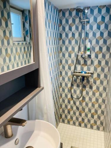 une salle de bain avec une douche, des toilettes et un lavabo dans l'établissement Joli F2 avec terrasse 150m plage, à Saint-Aubin-sur-Mer