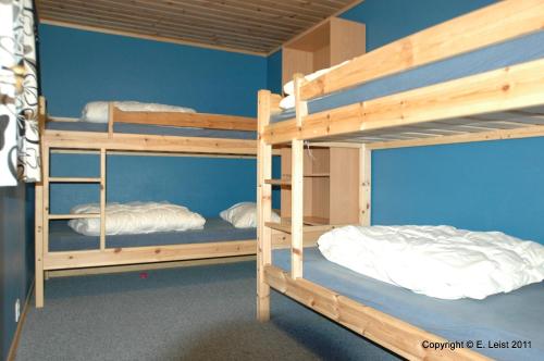 two bunk beds in a room with blue walls at Skottevik Feriesenter in Skottevik