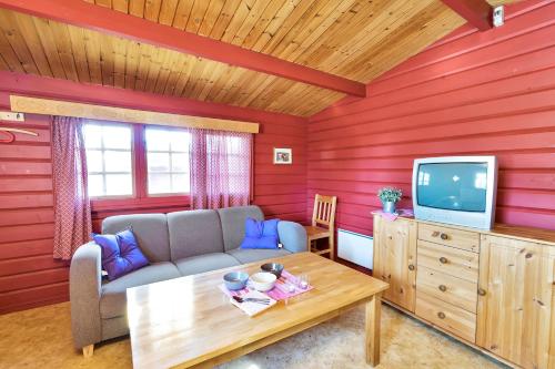 a living room with a couch and a tv at Skottevik Feriesenter in Skottevik