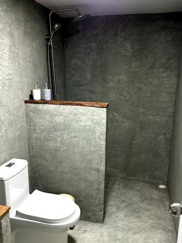 a bathroom with a toilet and a shower at TWIN PALMS 'Surfhouse' in Thulusdhoo