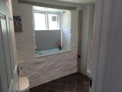 a bathroom with a window and a toilet in a room at Chypons Farm Bed & Breakfast in Penzance