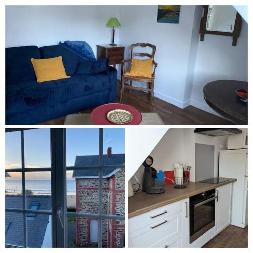 Il comprend une cuisine et un salon avec un canapé bleu. dans l'établissement Appartement face à la plage du val André, à Pléneuf-Val-André