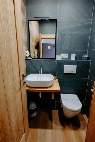 a bathroom with a sink and a toilet and a mirror at SOVA Hotel&Restaurant in Ždiar