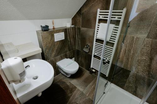 ein Bad mit einem WC, einem Waschbecken und einer Dusche in der Unterkunft Penzión Sova Ždiar in Ždiar