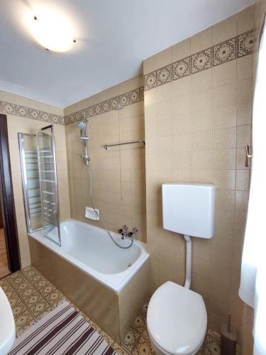 a bathroom with a tub and a toilet and a sink at Quadrilocale Alberti - Residence dei Fiori in Madonna di Campiglio