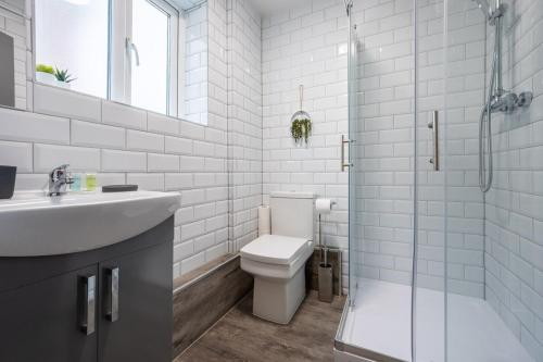 a bathroom with a toilet and a sink and a shower at Free Parking - The Coach House B by Tŷ SA in Cardiff