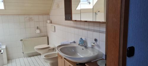 Hotel Zur Erholung & Restaurant Amme's Landhaus في Eicklingen: حمام مع حوض ومرحاض