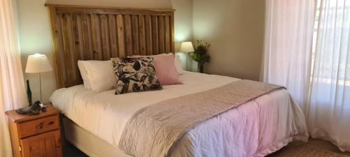 ein Schlafzimmer mit einem Bett mit zwei Kissen darauf in der Unterkunft The Restio Country Guesthouse in Napier