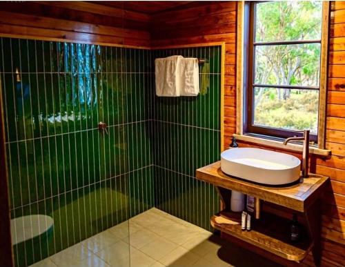 a green bathroom with a sink and a shower at Creek Shack - Off Grid in Glen Innes