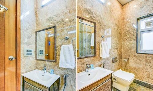 two pictures of a bathroom with a sink and a toilet at FabHotel F-Aloyd Lajpat Nagar in New Delhi