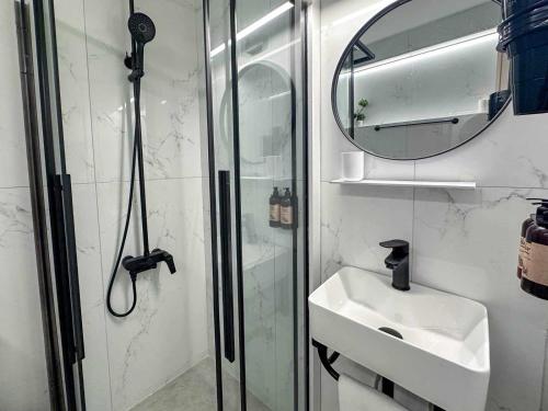 a bathroom with a shower and a sink and a mirror at 1900 Apartments Ioannina in Ioannina