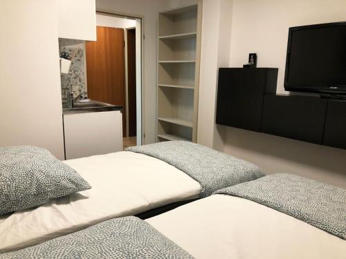 a bedroom with two beds and a flat screen tv at Nice Apartment in Düsseldorf in Düsseldorf
