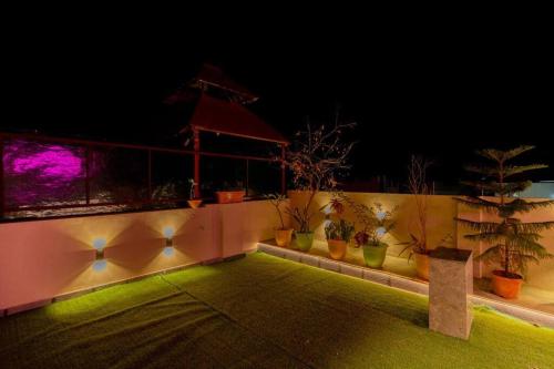 a garden with potted plants on a wall at night at Skyport skies netflix prime rooftop in Jaipur