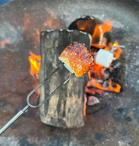 a piece of bread on a stick over a fire at Ledmacoy Shepherds Huts in Strathdon