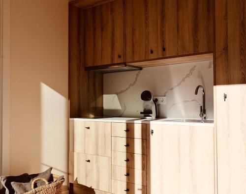 eine Küche mit einem Waschbecken und einem Holzschrank in der Unterkunft Camping Pla de la Torre in Sant Antoni de Calonge