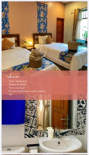 a collage of two beds with a sink and a bathroom at Summergrass B&B in Yogyakarta