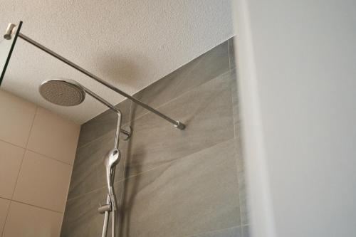 a shower with a shower head in a bathroom at Gästehaus am Wasserschloss & Restaurant Wasserschloss Inzlingen in Inzlingen