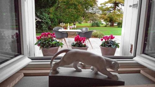 a statue of a dog standing in front of a window at Demeures ressourçantes - Le Vallon in Saint-Martin-de-Saint-Maixent