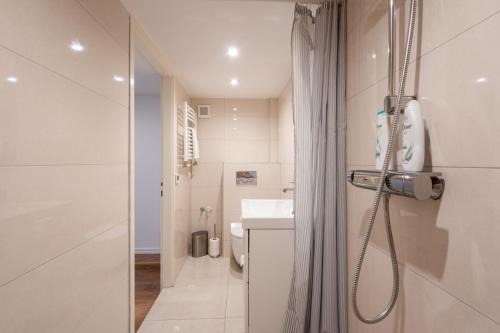 y baño con ducha y lavamanos. en Classical apartment with modern style downtown!, en Budapest