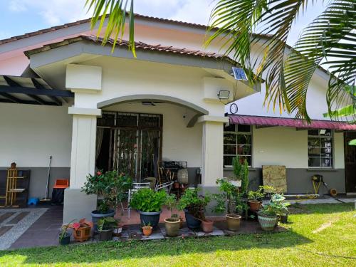 a house with potted plants in front of it at Garden Homestay in Kulai