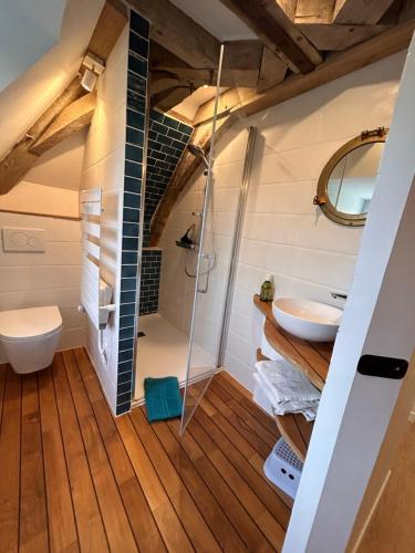 uma casa de banho com um chuveiro e um lavatório num quarto em Demeure La Lande Fleurie em Feneu