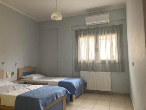 um quarto de hospital com duas camas e uma janela em Όμορφο διαμέρισμα με εκπληκτική θέα em Menídion