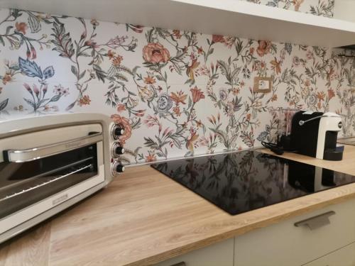 eine Küche mit Blumentapete und einem Toaster in der Unterkunft L'Arco Verde in Trabia