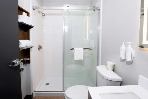 a white bathroom with a shower and a toilet at Microtel Inn & Suites Springville in Springville