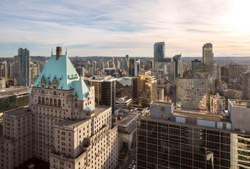 an aerial view of a city with a building at Hyatt Regency Vancouver in Vancouver
