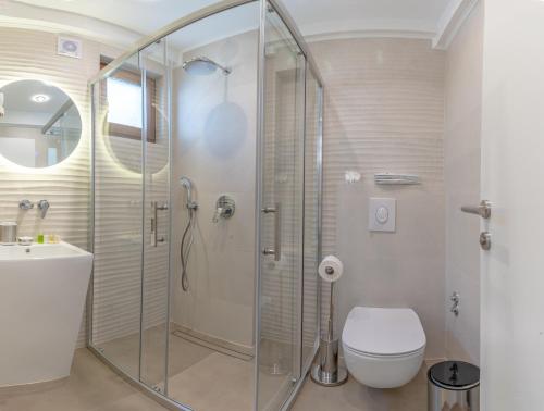a bathroom with a shower with a toilet and a sink at Villa & Spa Chunarot in Ohrid