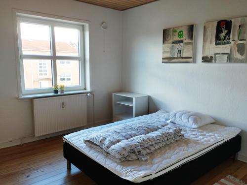 1 dormitorio con 1 cama en una habitación con ventana en id201 Vinkelvej 19 1sal th en Varde