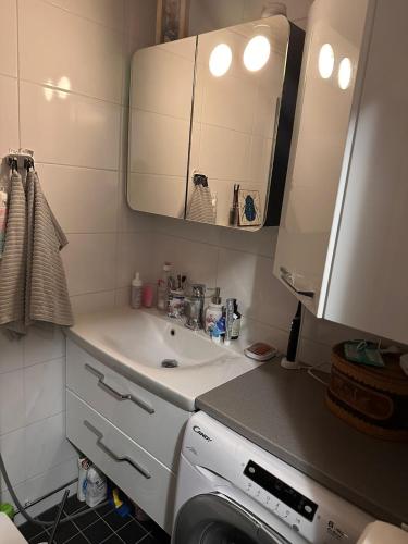 uma casa de banho com um lavatório e uma máquina de lavar roupa em Lakeview central residence em Savonlinna