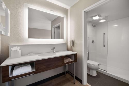 a bathroom with a sink and a toilet and a mirror at Hampton Inn Weston Fort Lauderdale in Weston