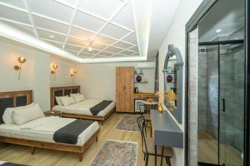 a hotel room with two beds and a shower at Valeria House in Istanbul